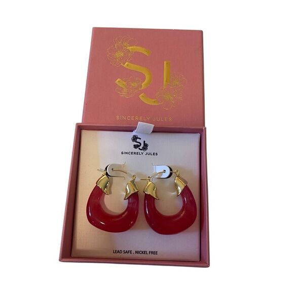 Sincerely Jules Hot Pink Semi-Translucent Hoop Earrings w/Gold Hardware. - Picture 6 of 7